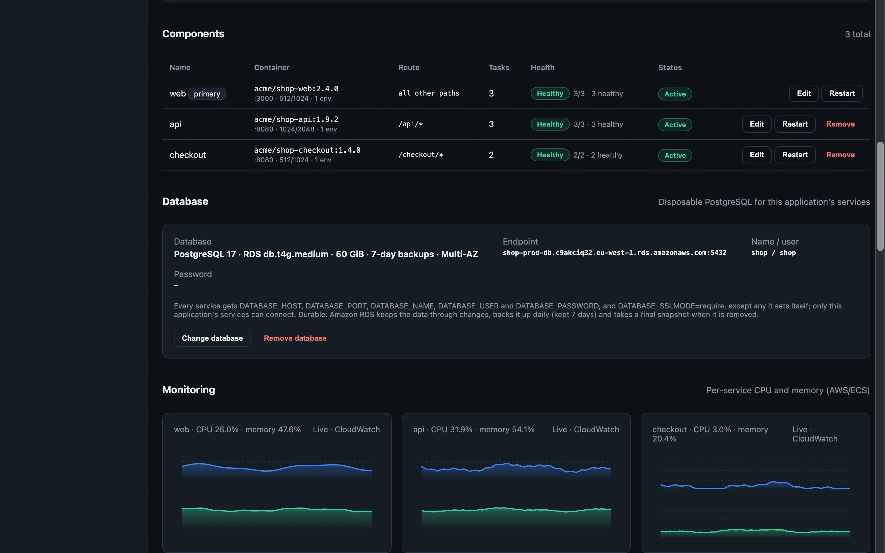 An application's three services, each with its route, tasks and health, above its RDS database.