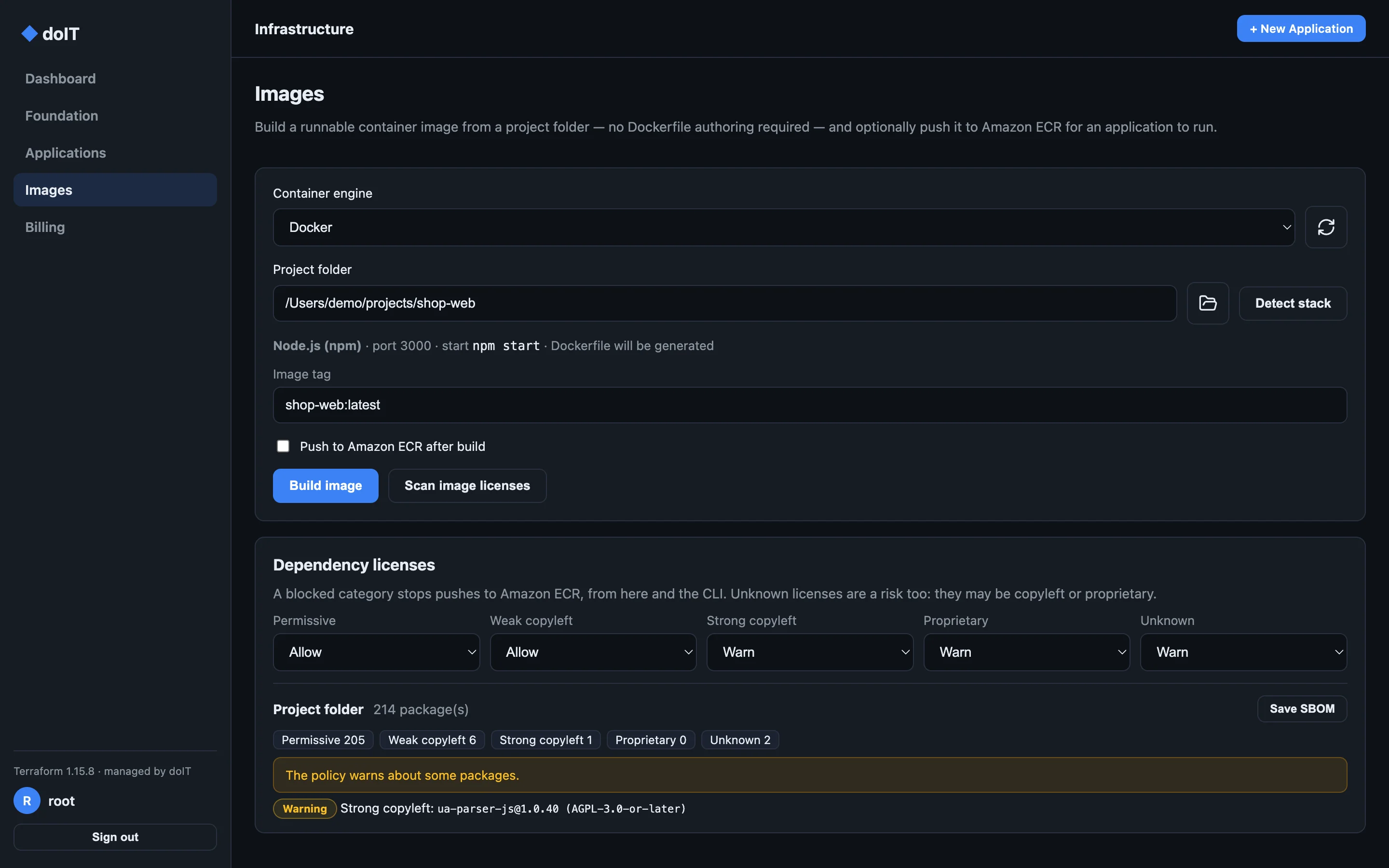 The Images page: a Node.js project detected, ready to build, with its dependency licenses checked.