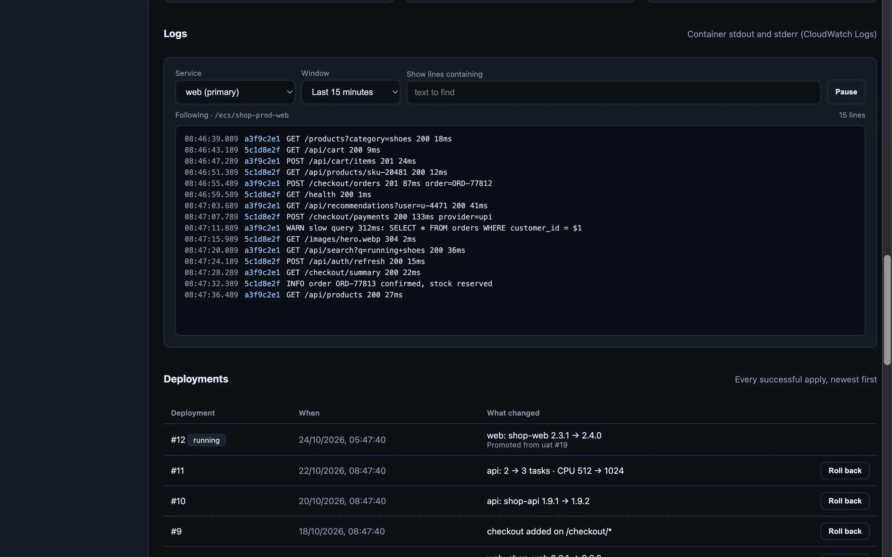 Container logs of the web service, followed live, above the numbered deployments.